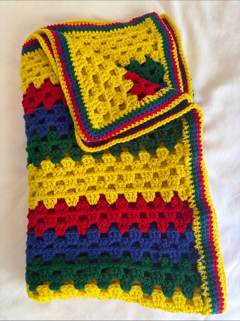 RASTA-VIBE Red Yellow Green (and Blue) Homemade Crocheted Lap Blanket